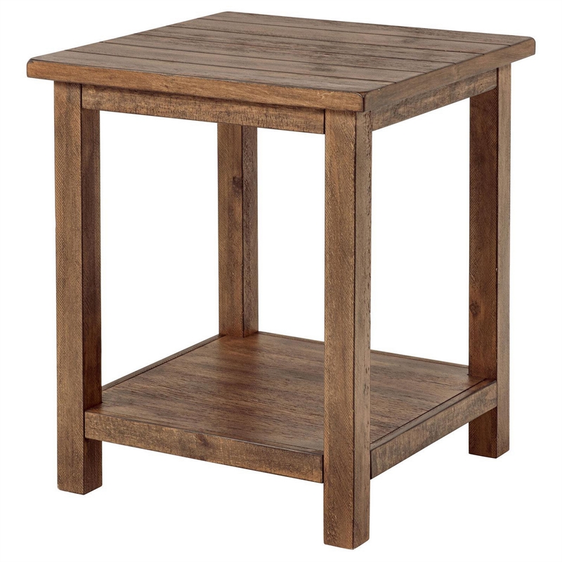 Benjara Ayne Side End Table- 1 Shelf- Distressed Brown Wood- Square 20 Inch
