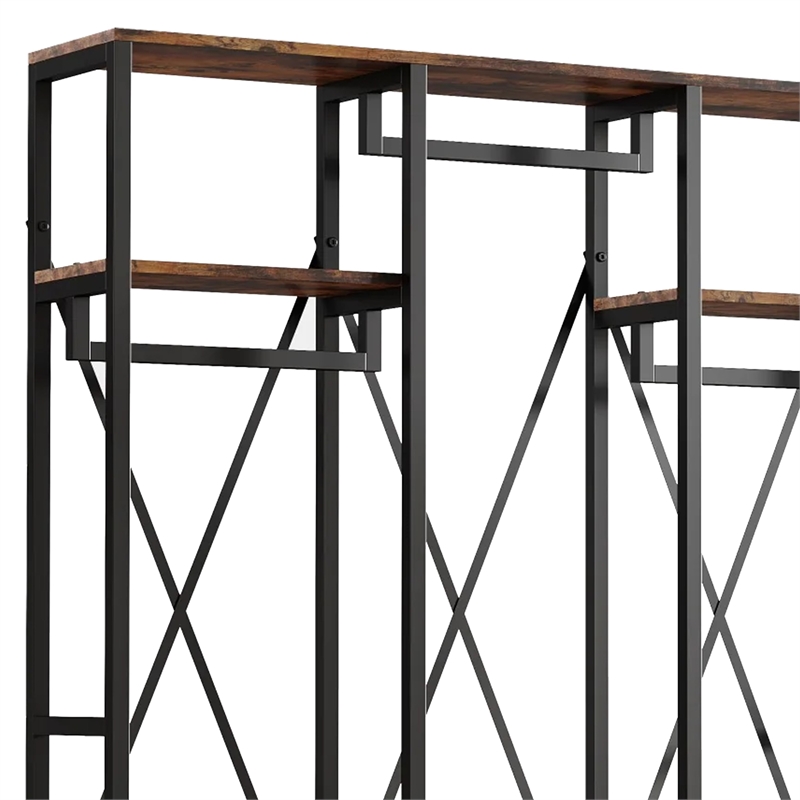 Benjara Garment Rack- 3 Black Metal Rods- 5 Rustic Brown Shelves- 72