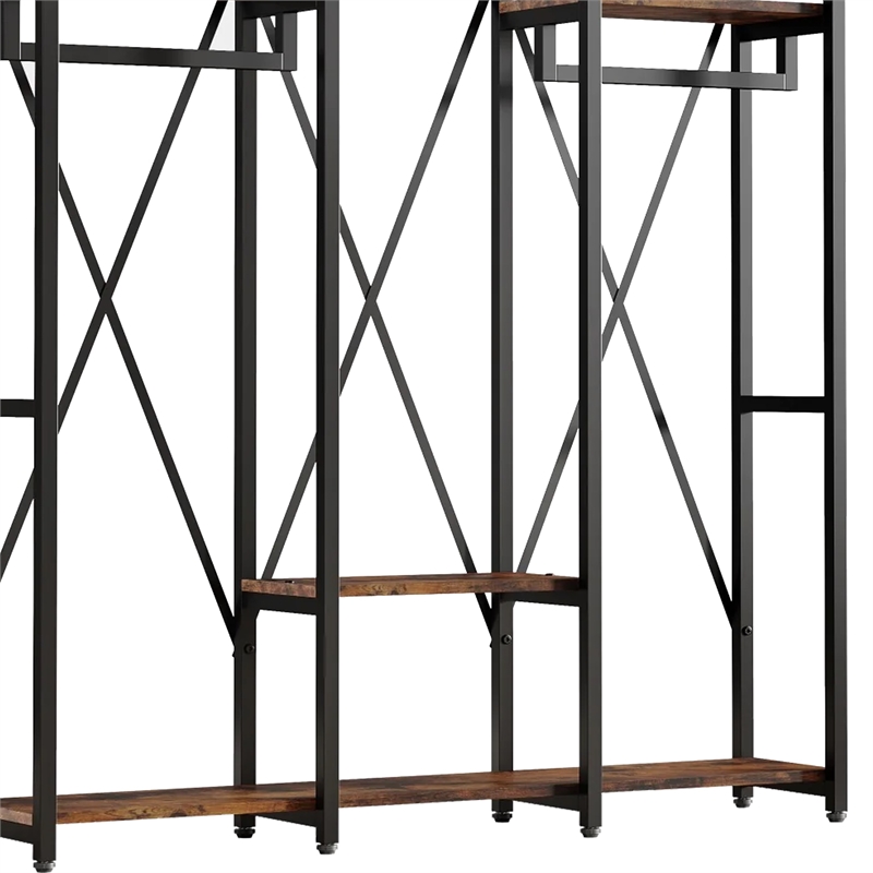 Benjara Garment Rack- 3 Black Metal Rods- 5 Rustic Brown Shelves- 72