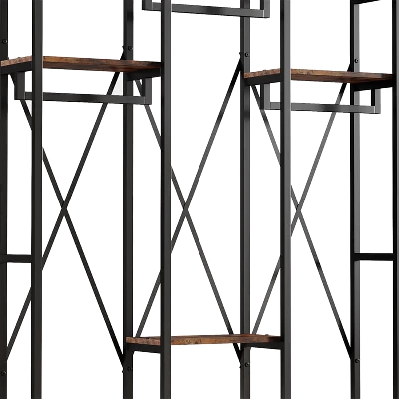 Benjara Garment Rack- 3 Black Metal Rods- 5 Rustic Brown Shelves- 72