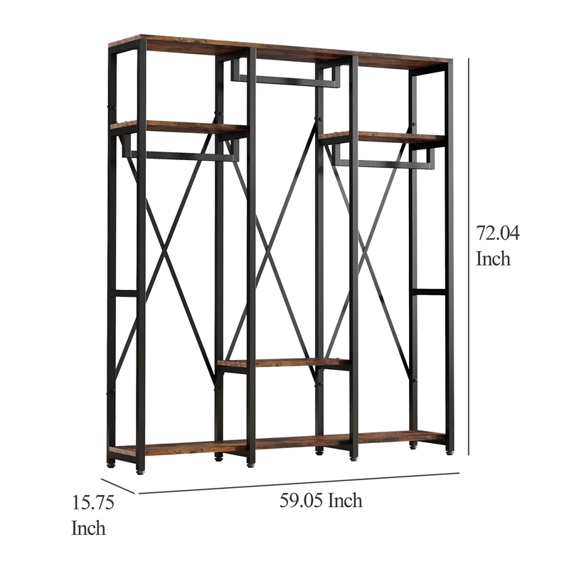 Benjara Garment Rack- 3 Black Metal Rods- 5 Rustic Brown Shelves- 72