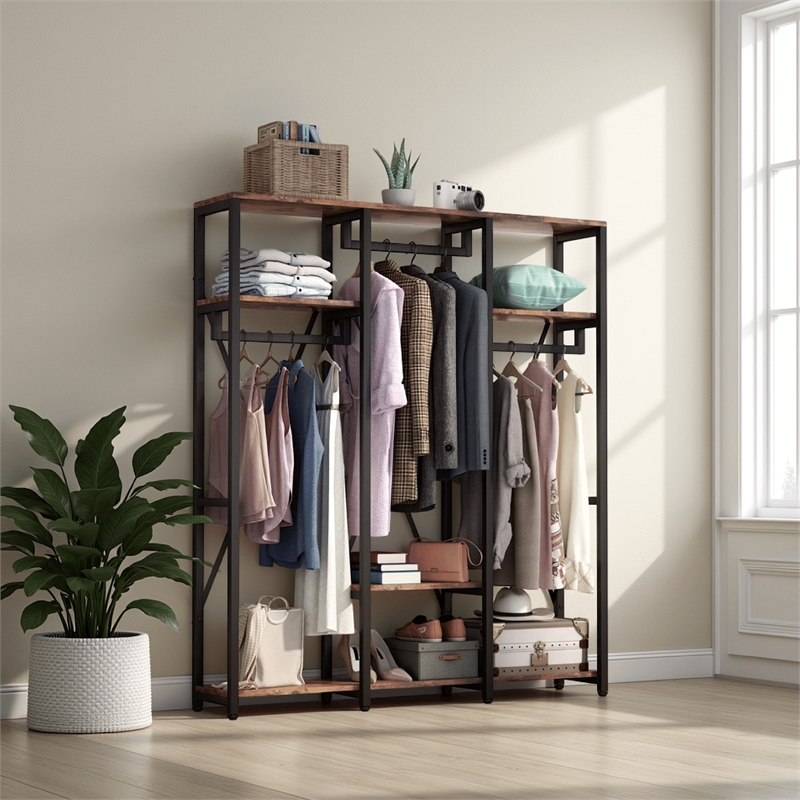 Benjara Garment Rack- 3 Black Metal Rods- 5 Rustic Brown Shelves- 72