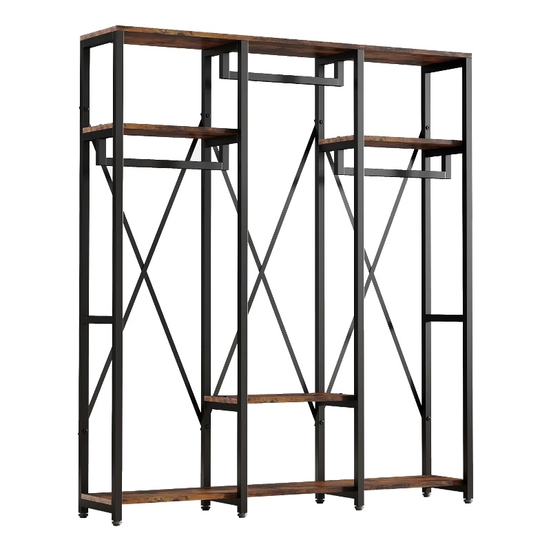 Benjara Garment Rack- 3 Black Metal Rods- 5 Rustic Brown Shelves- 72