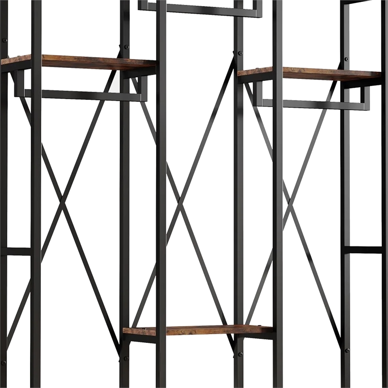 Benjara Garment Rack- 3 Black Metal Rods- 5 Rustic Brown Shelves- 72