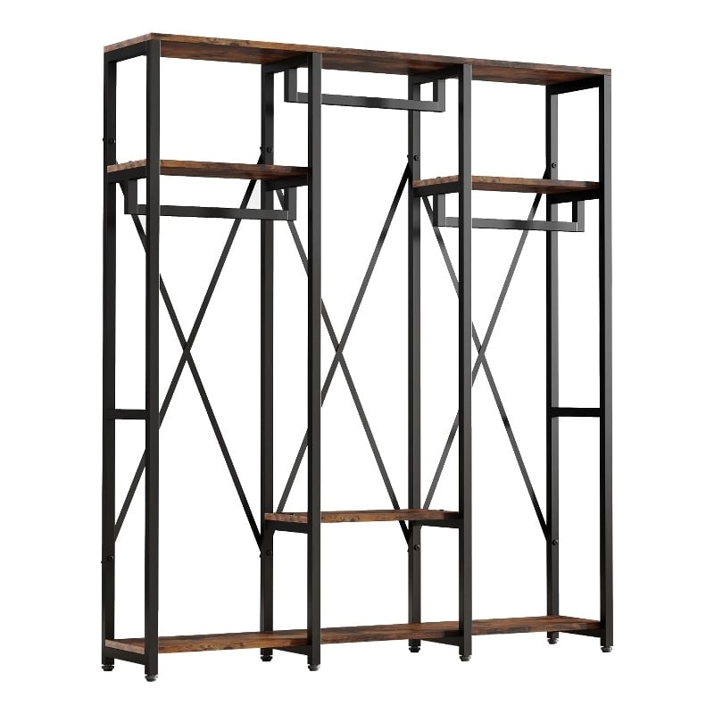 Benjara Garment Rack- 3 Black Metal Rods- 5 Rustic Brown Shelves- 72
