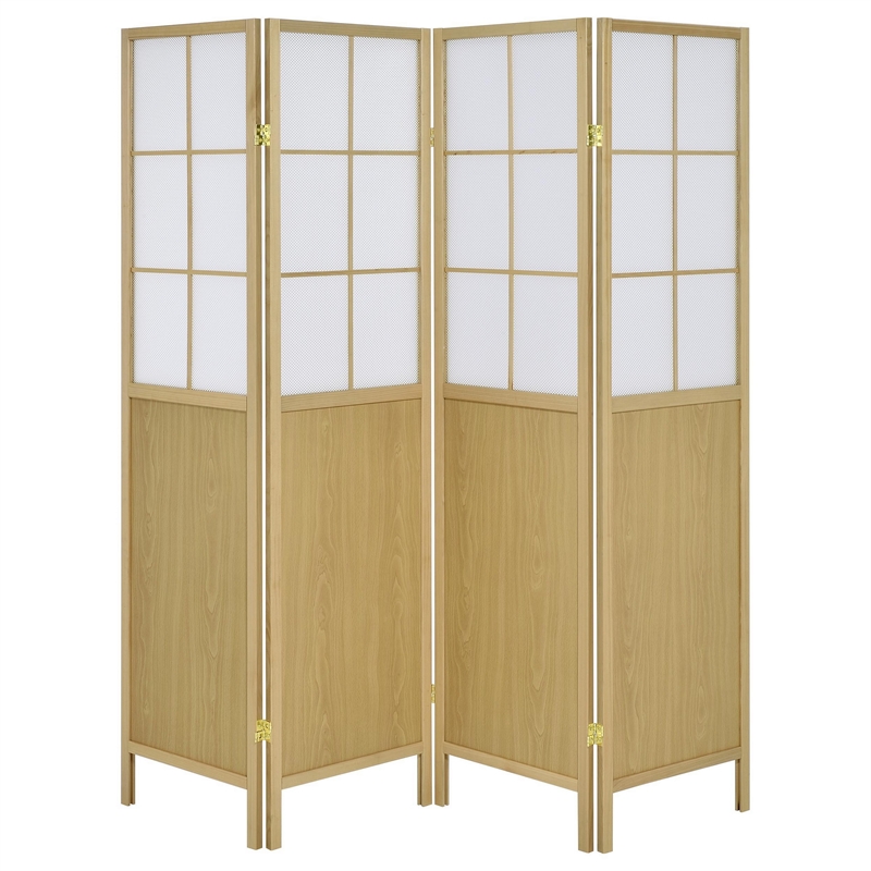 Benjara 4 Panel Screen Room Divider- Foldable Design- Natural Brown 70 Inch