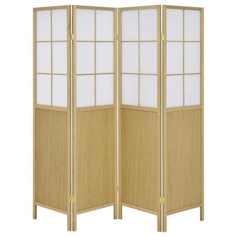 Benjara 4 Panel Screen Room Divider- Foldable Design- Natural Brown 70 Inch