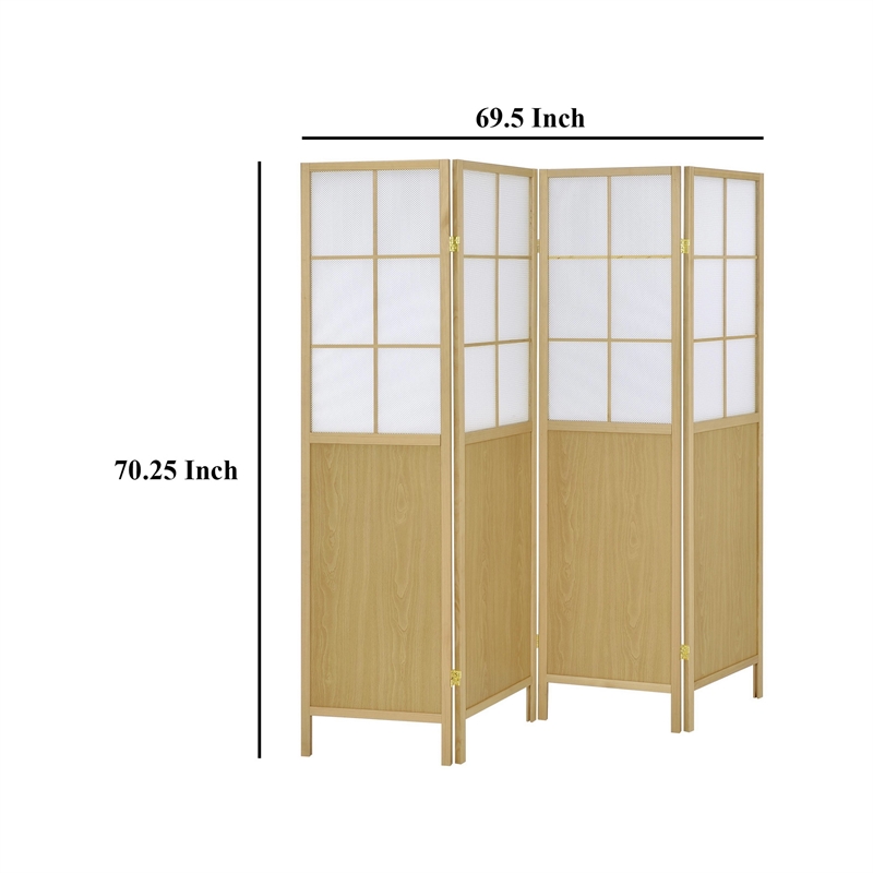 Benjara 4 Panel Screen Room Divider- Foldable Design- Natural Brown 70 Inch