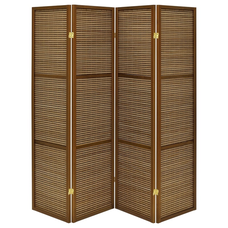 Benjara Rown 4 Panel Foldable Privacy Screen- Bamboo- Brown Pine Wood 70 Inch