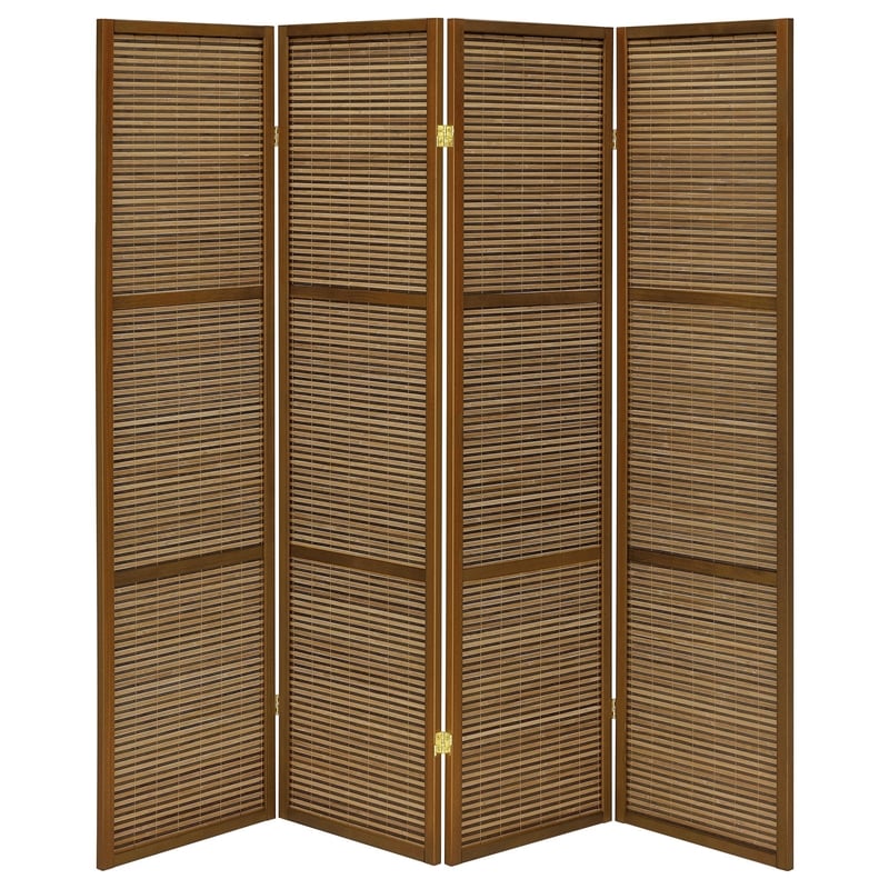 Benjara Rown 4 Panel Foldable Privacy Screen- Bamboo- Brown Pine Wood 70 Inch