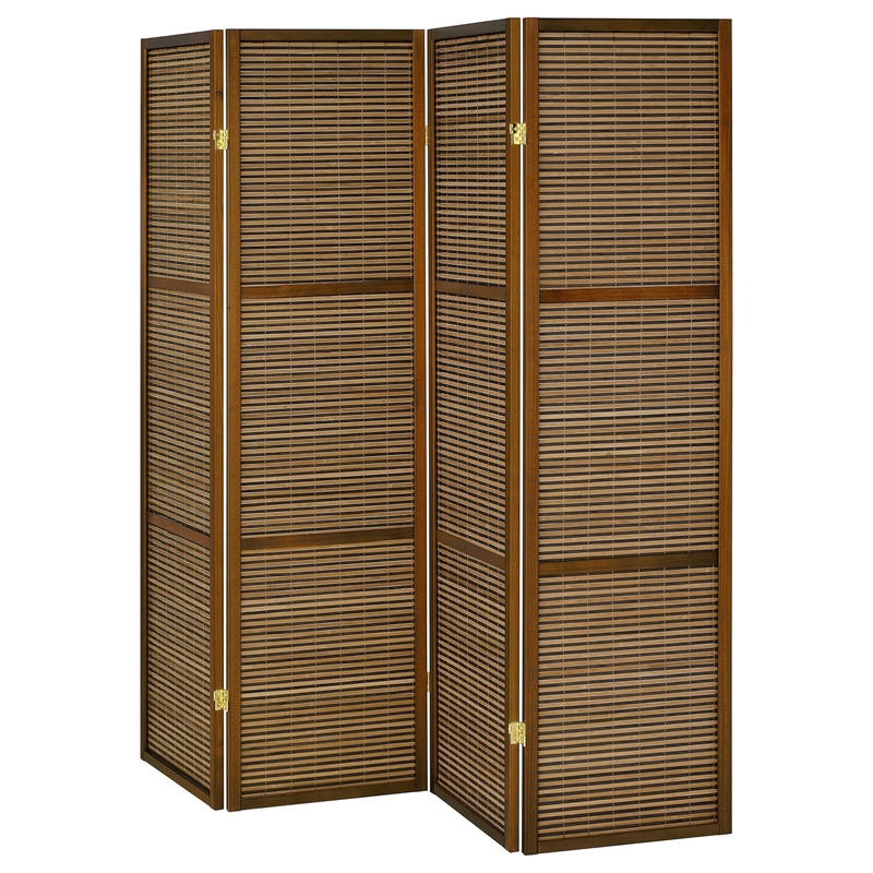 Benjara Rown 4 Panel Foldable Privacy Screen- Bamboo- Brown Pine Wood 70 Inch