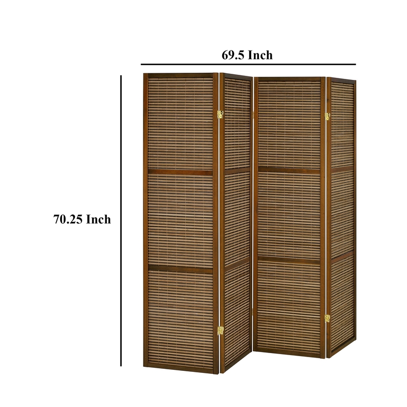 Benjara Rown 4 Panel Foldable Privacy Screen- Bamboo- Brown Pine Wood 70 Inch