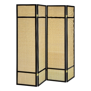 Benjara Arce 4 Panel Foldable Privacy Screen- Bamboo- Black Pine Wood Frame