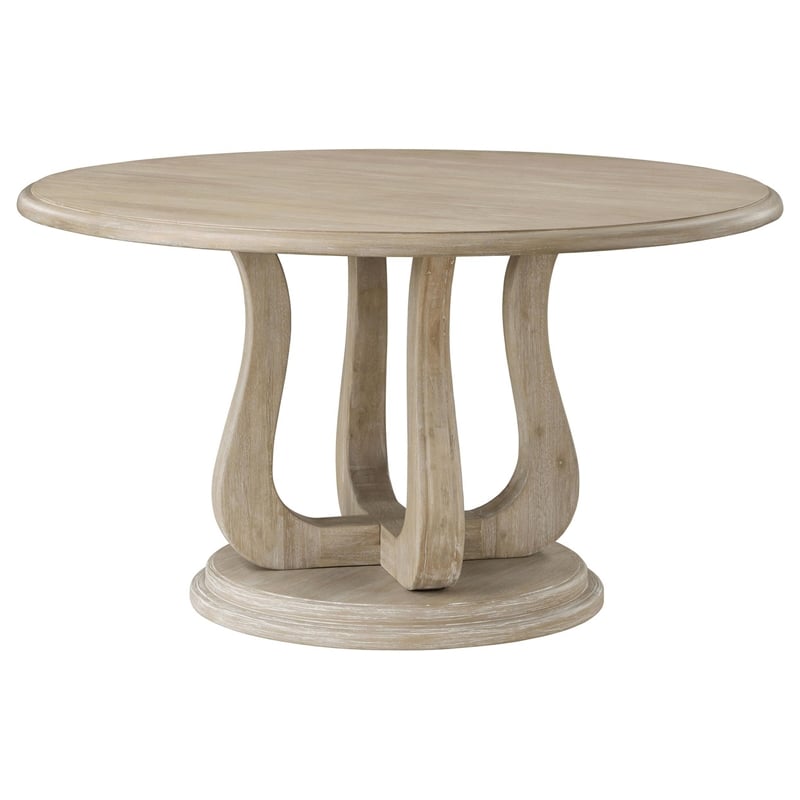 Benjara Eva Round Dining Table- Pedestal Base- White Washed Brown Wood 60 Inch