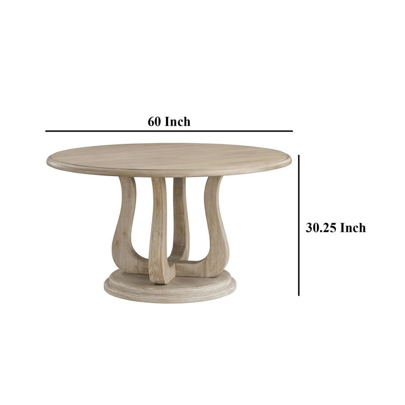 Benjara Eva Round Dining Table- Pedestal Base- White Washed Brown Wood 60 Inch