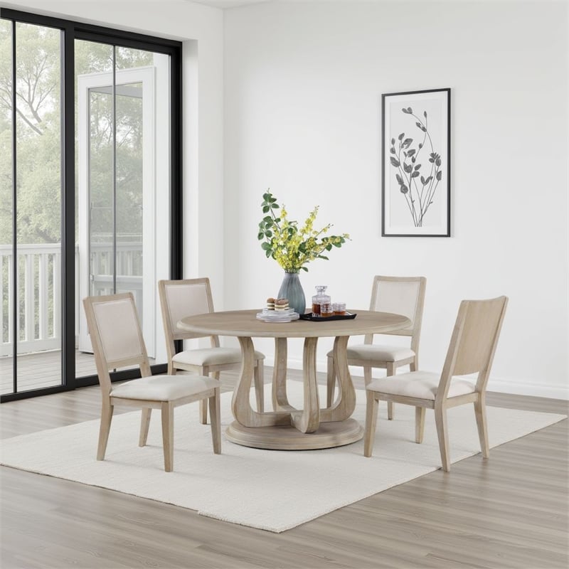 Benjara Eva Round Dining Table- Pedestal Base- White Washed Brown Wood 60 Inch