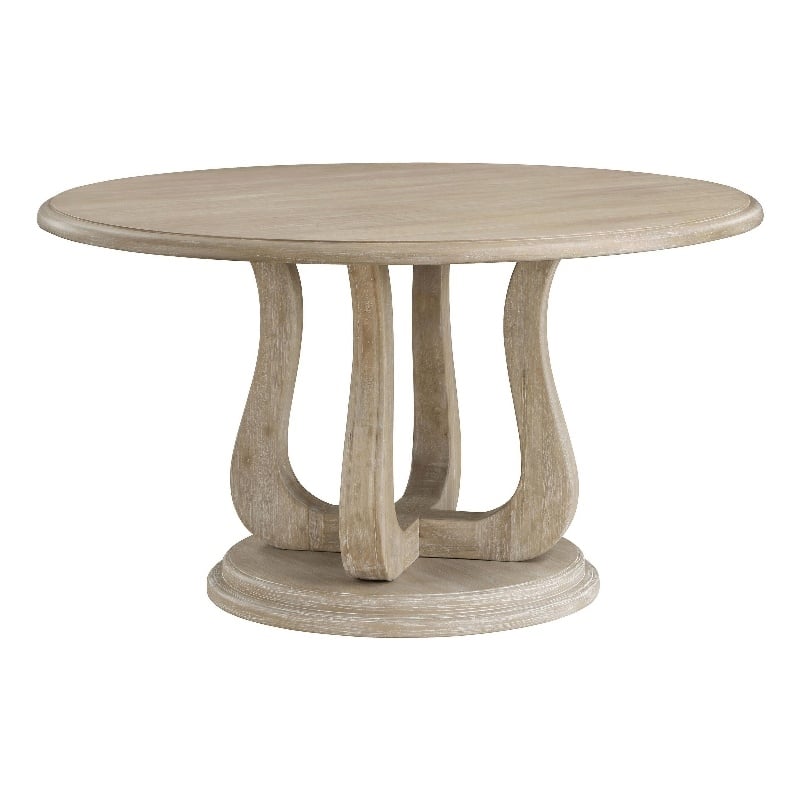 Benjara Eva Round Dining Table- Pedestal Base- White Washed Brown Wood 60 Inch