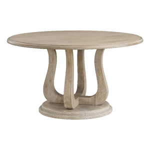 Benjara Eva Round Dining Table- Pedestal Base- White Washed Brown Wood 60 Inch