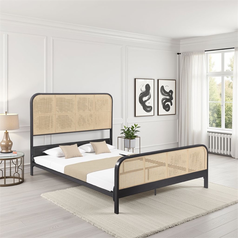 Benjara Lanie Queen Bed with Brown Open Cane Webbing Faux Rattan- Black Metal