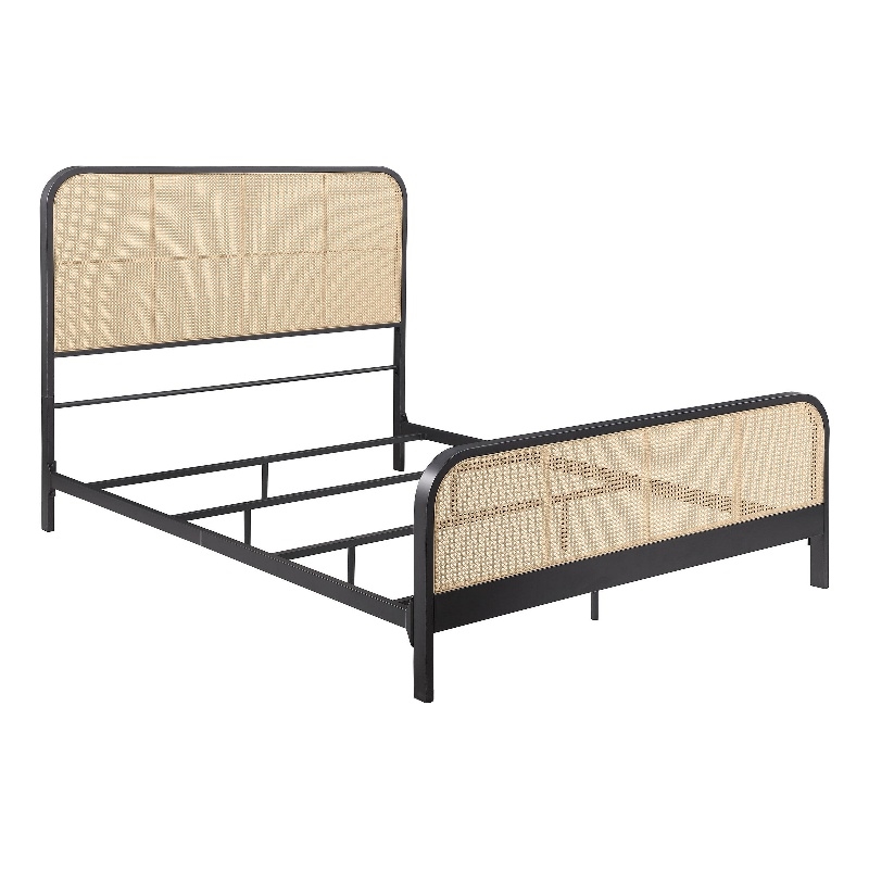 Benjara Lanie Queen Bed with Brown Open Cane Webbing Faux Rattan- Black Metal