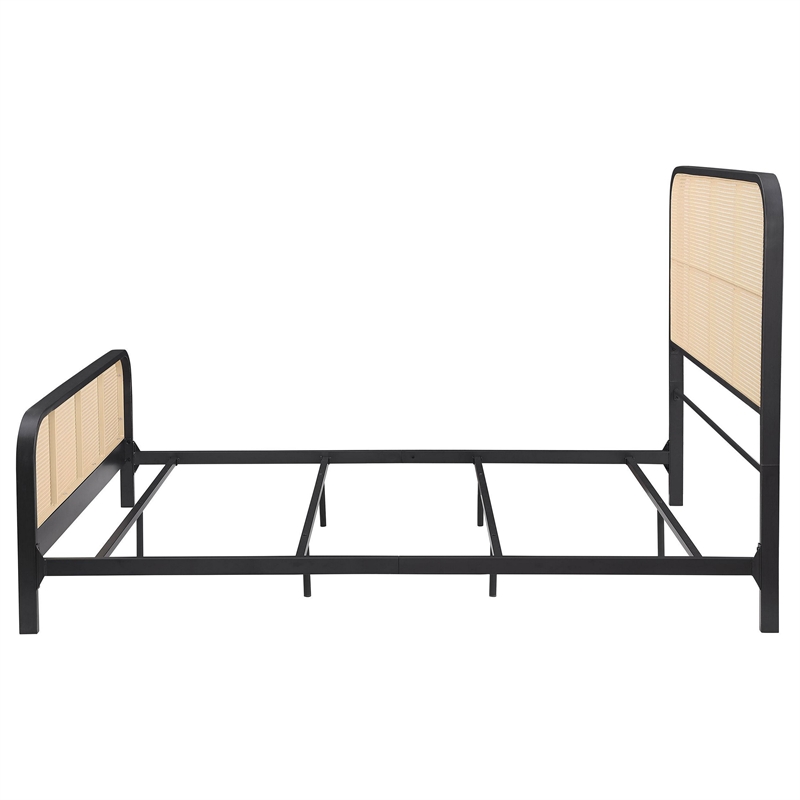 Benjara Lanie Queen Bed with Brown Open Cane Webbing Faux Rattan- Black Metal