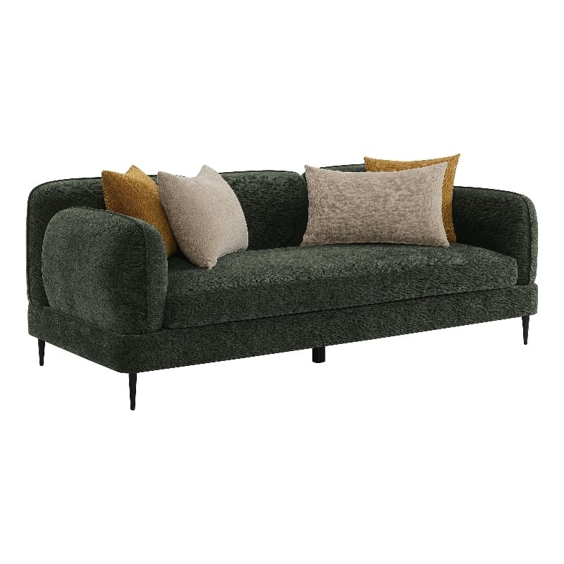Benjara Dija Sofa with 4 Accent Throw Pillows- 84 Inch- Dark Green Chenille