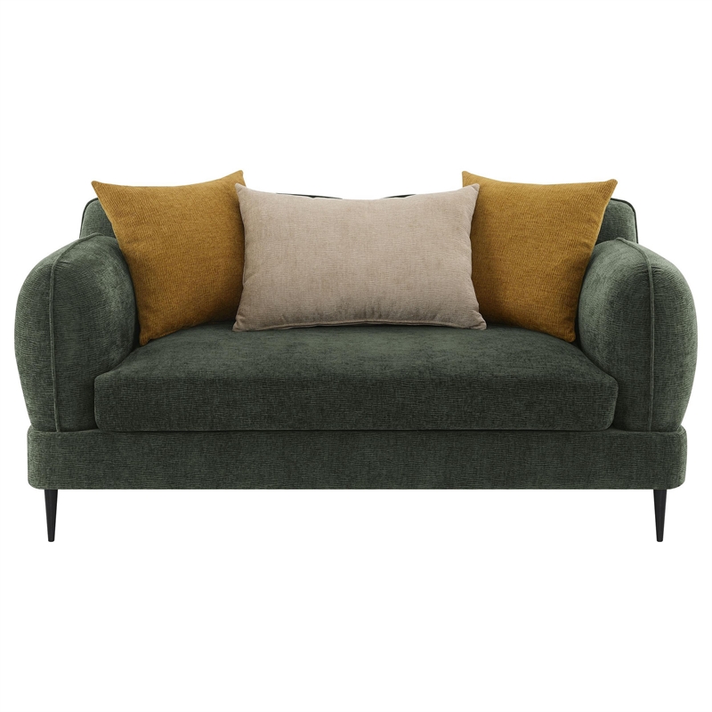 Benjara Dija Loveseat- 3 Accent Throw Pillows- 64 Inch- Dark Green Chenille