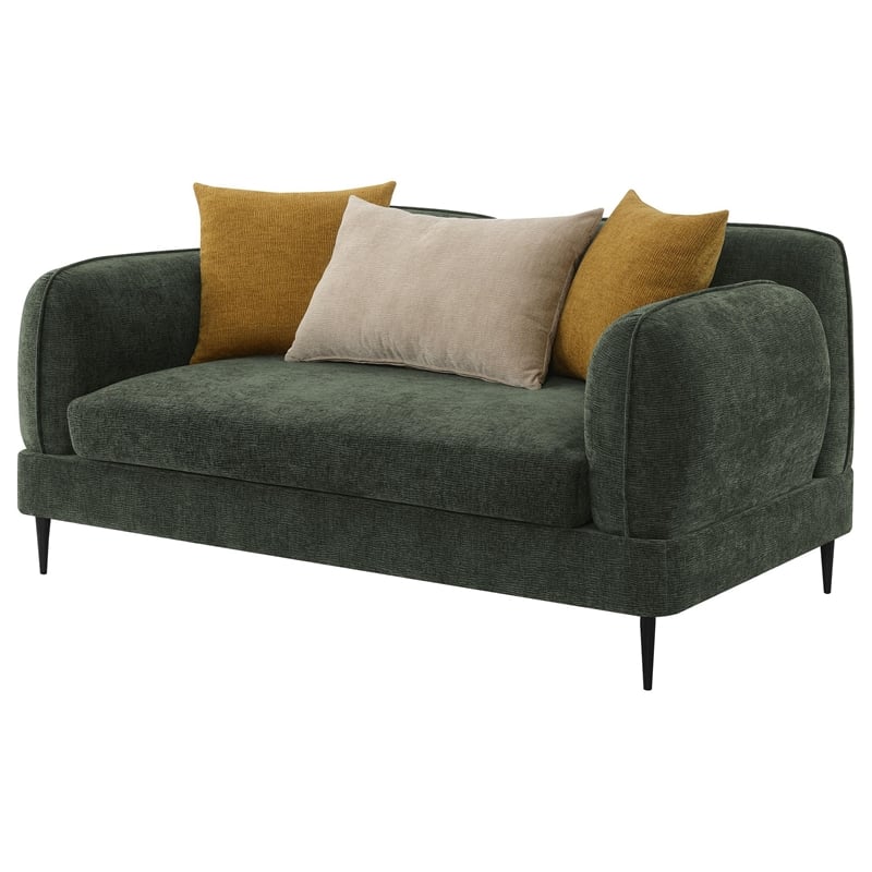 Benjara Dija Loveseat- 3 Accent Throw Pillows- 64 Inch- Dark Green Chenille