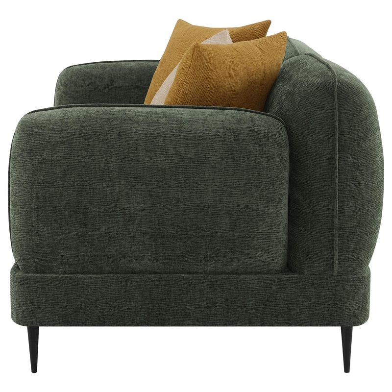 Benjara Dija Loveseat- 3 Accent Throw Pillows- 64 Inch- Dark Green Chenille