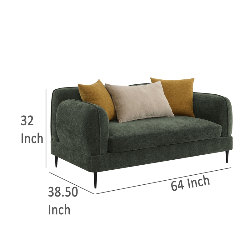 Benjara Dija Loveseat- 3 Accent Throw Pillows- 64 Inch- Dark Green Chenille