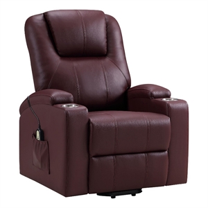 Benjara Stoy Power Lift Recliner Chair- Massage- 36&quot Wine Red Faux Leather