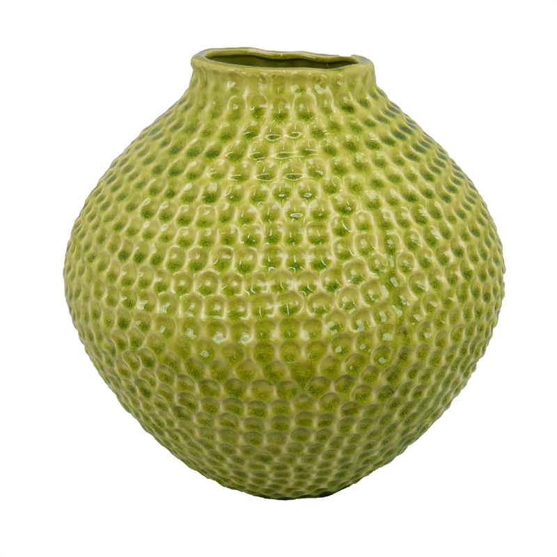 Benjara Evans Accent Vase- Embossed Textured Surface- Green Ceramic 14 Inch