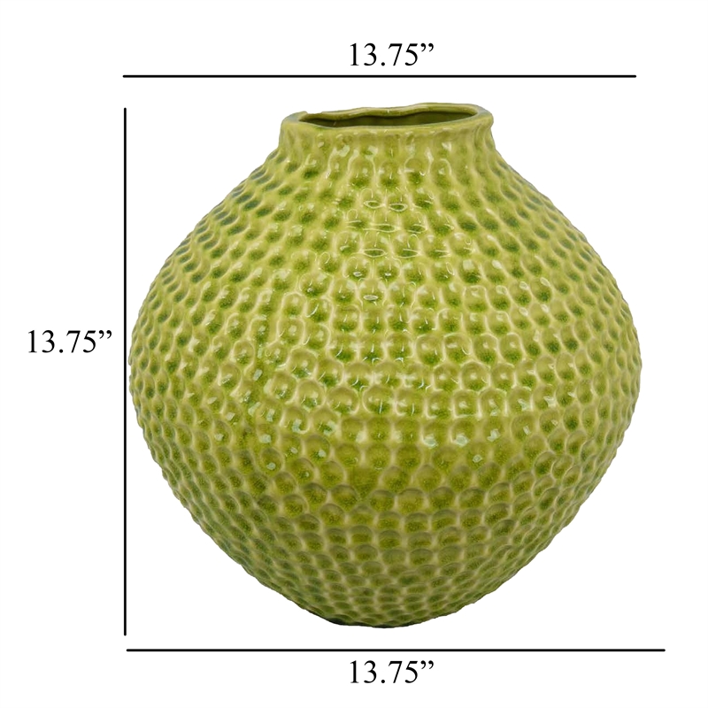 Benjara Evans Accent Vase- Embossed Textured Surface- Green Ceramic 14 Inch