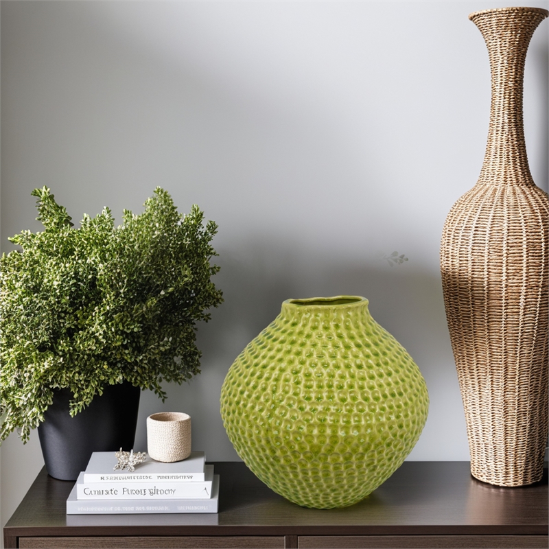 Benjara Evans Accent Vase- Embossed Textured Surface- Green Ceramic 14 Inch
