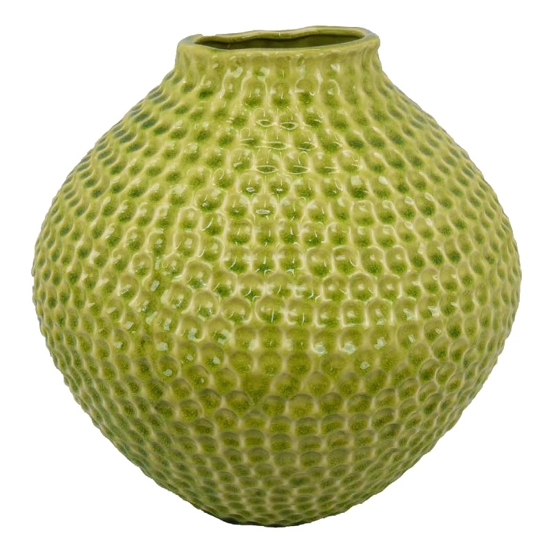 Benjara Evans Accent Vase- Embossed Textured Surface- Green Ceramic 14 Inch