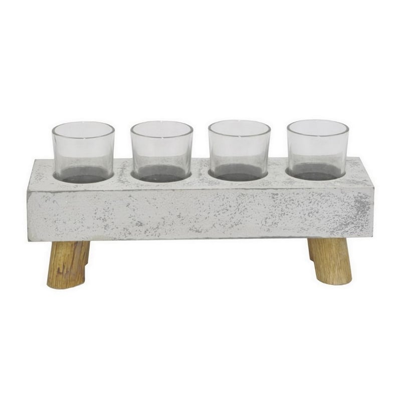 Benjara Cabo Accent Vase with 4 Glass Pots- Wood Legs- Gray Ceramic 15 Inch