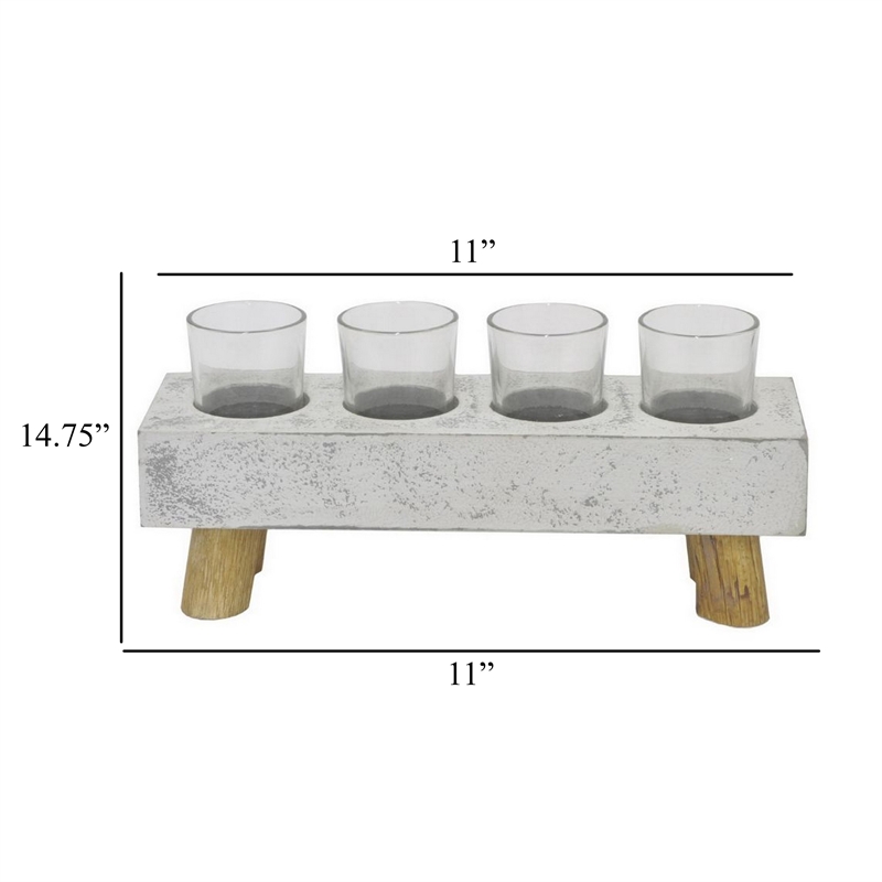 Benjara Cabo Accent Vase with 4 Glass Pots- Wood Legs- Gray Ceramic 15 Inch
