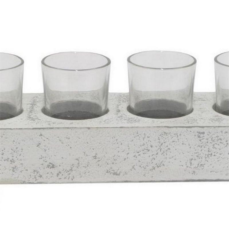 Benjara Cabo Accent Vase with 4 Glass Pots- Wood Legs- Gray Ceramic 15 Inch