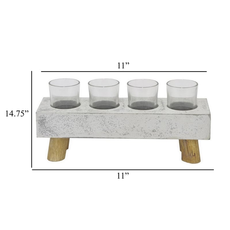 Benjara Cabo Accent Vase with 4 Glass Pots- Wood Legs- Gray Ceramic 15 Inch
