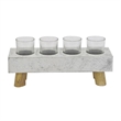 Benjara Cabo Accent Vase with 4 Glass Pots- Wood Legs- Gray Ceramic 15 Inch