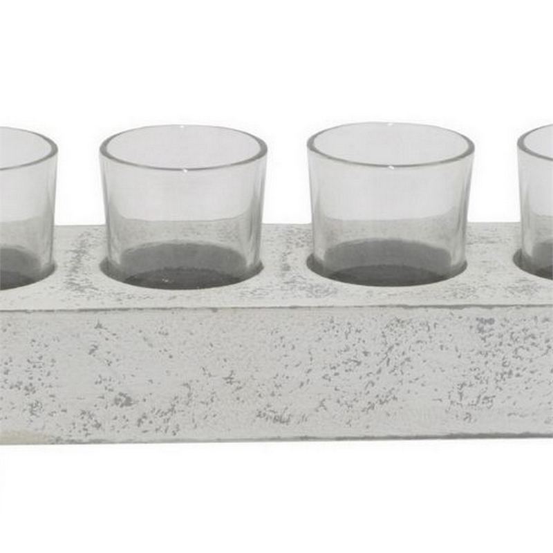 Benjara Cabo Accent Vase with 4 Glass Pots- Wood Legs- Gray Ceramic 15 Inch