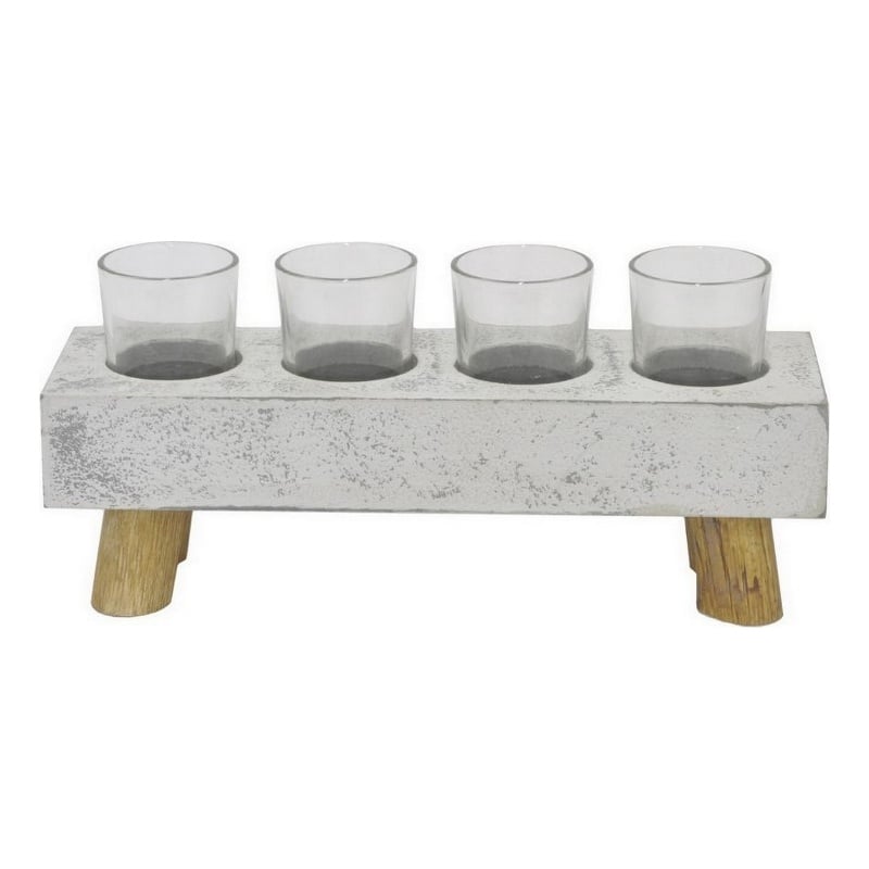 Benjara Cabo Accent Vase with 4 Glass Pots- Wood Legs- Gray Ceramic 15 Inch