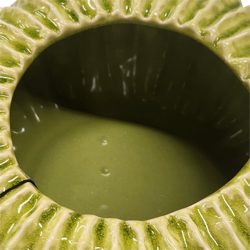 Decorative Planter - Melon Shape - Vertical Ribbed Texture - Green Ceramic