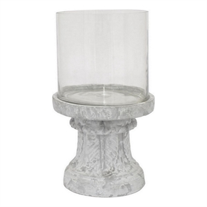 Benjara Kris Candle Holder- Hurricane Glass Top- White Gray Ceramic 14 Inch