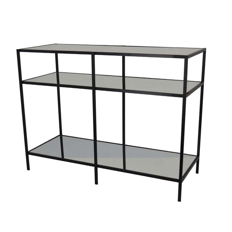 Benjara Gwen Plant Stand with 3 Mirrored Shelves- Black Metal Frame 40 Inch