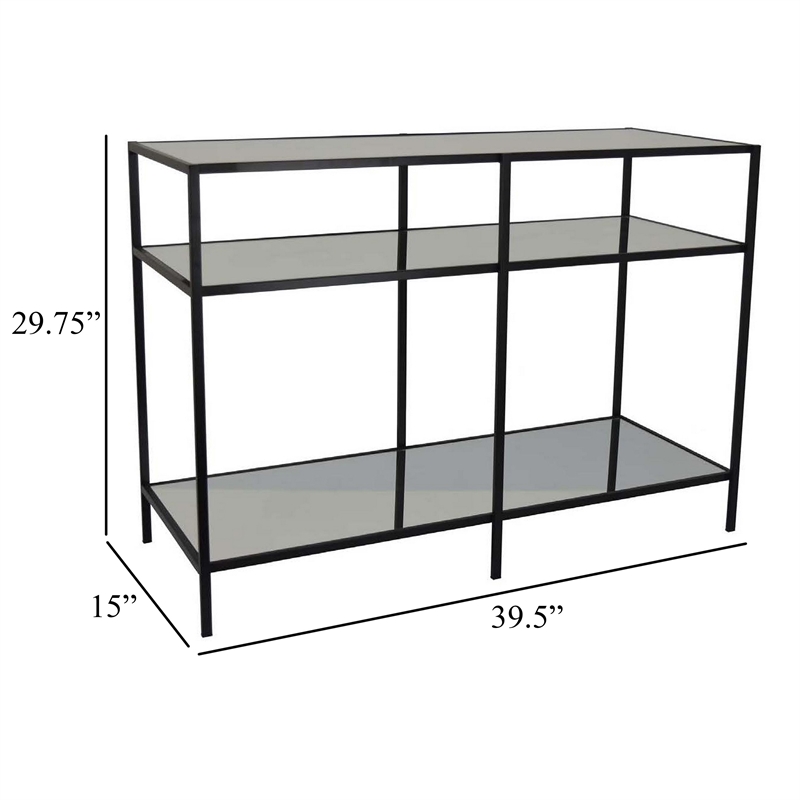Benjara Gwen Plant Stand with 3 Mirrored Shelves- Black Metal Frame 40 Inch