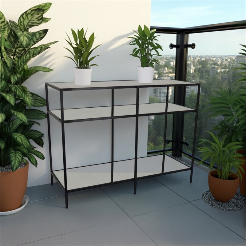 Benjara Gwen Plant Stand with 3 Mirrored Shelves- Black Metal Frame 40 Inch