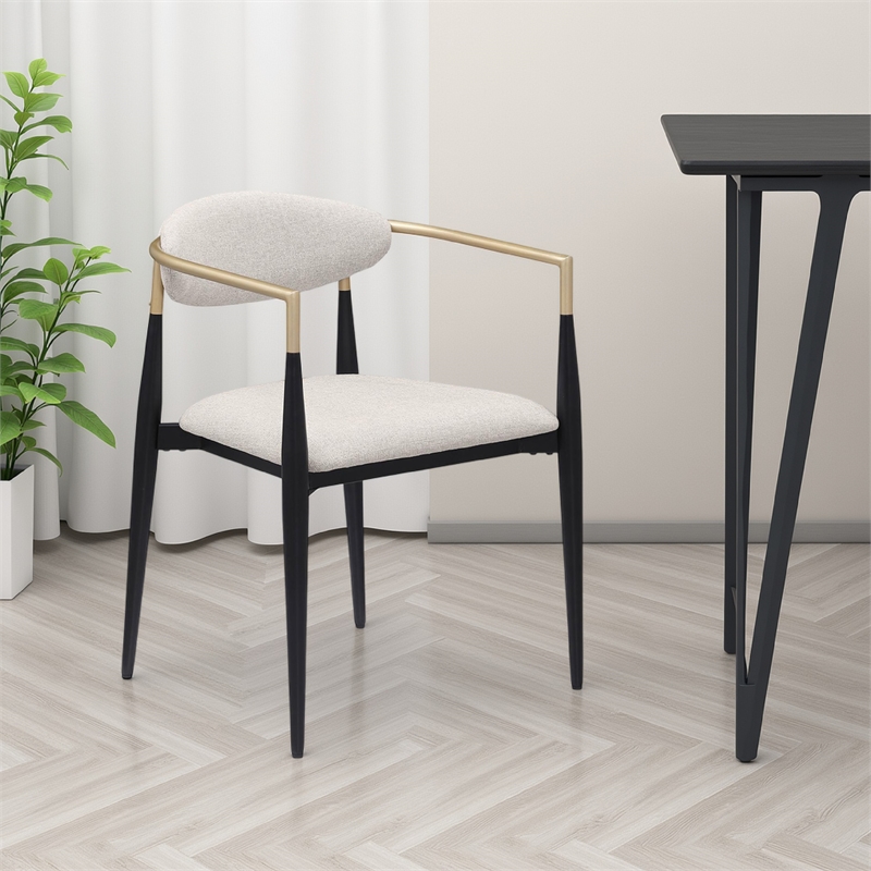Benjara Exis Dining Armchair Set of 2- Modern Beige Fabric- Sleek Black Metal
