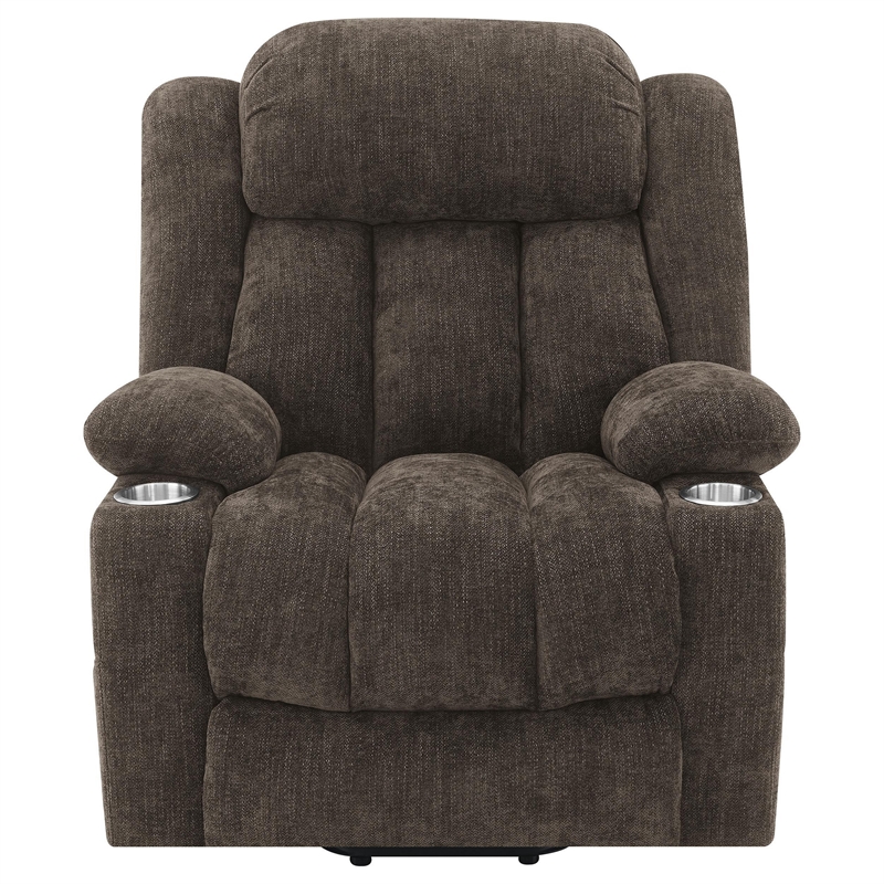 Benjara Limi Power Lift Recliner Chair- Dark Brown- USB Port- Cupholders