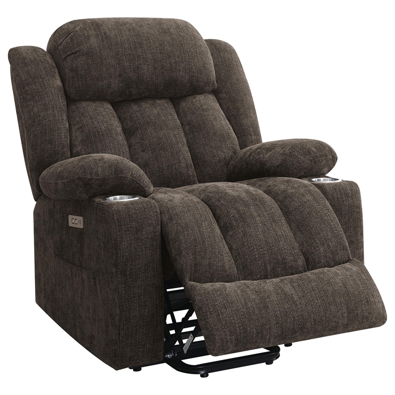 Benjara Limi Power Lift Recliner Chair- Dark Brown- USB Port- Cupholders